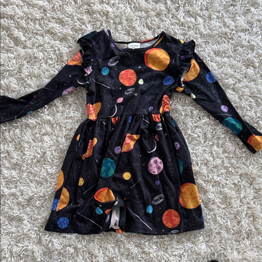 Kids Long Sleeve Space Planet Dress - Black with Multicolor Planets